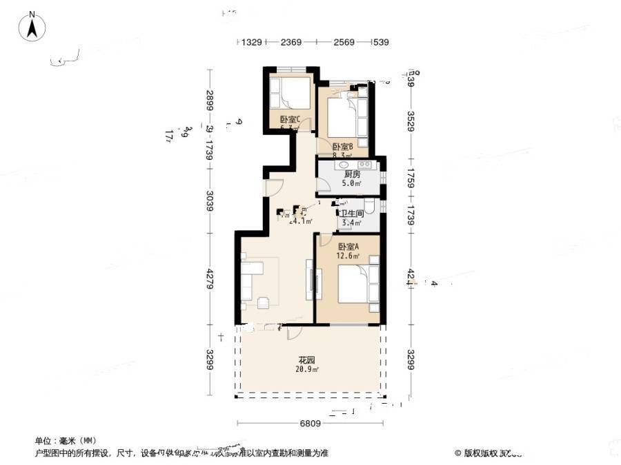 东丽湖万科城赏湖苑3室1厅1卫90㎡户型图