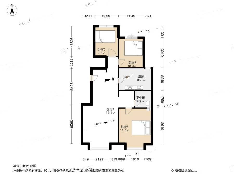 东丽湖万科城赏湖苑3室1厅1卫88.8㎡户型图