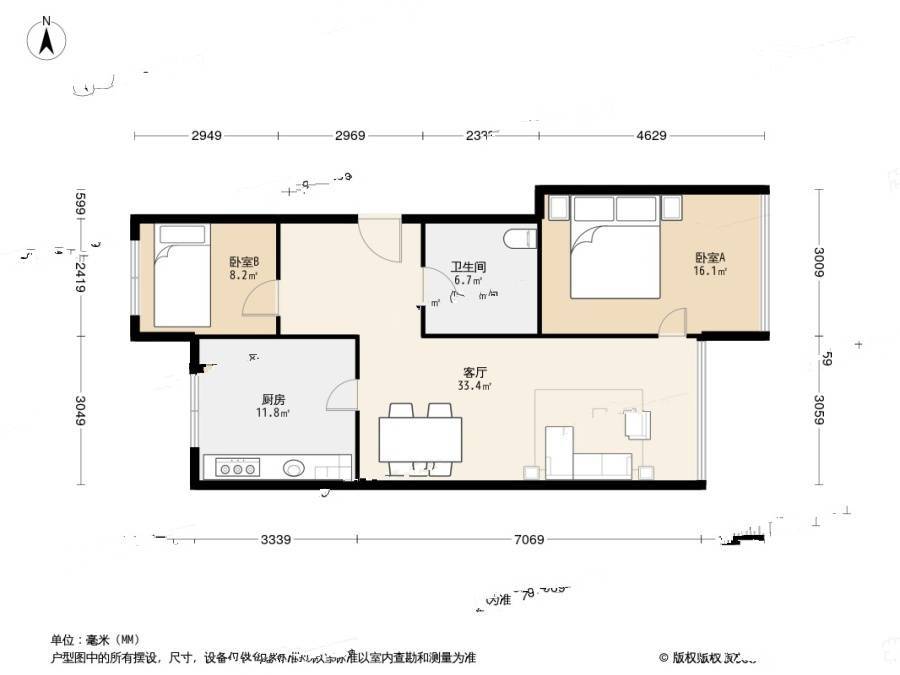 东丽湖万科城赏湖苑2室1厅1卫88㎡户型图