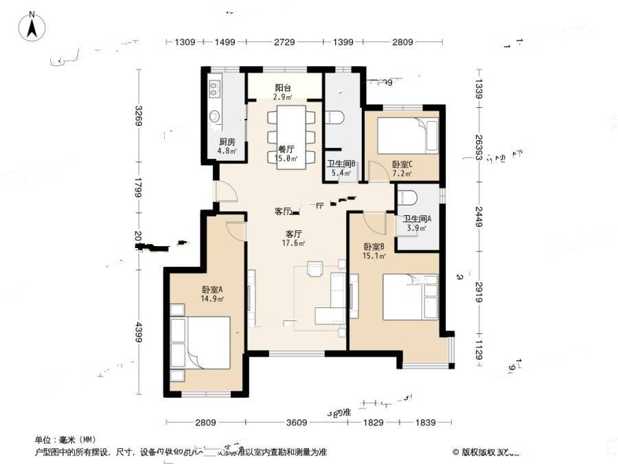 东丽湖万科城赏湖苑3室1厅2卫126㎡户型图