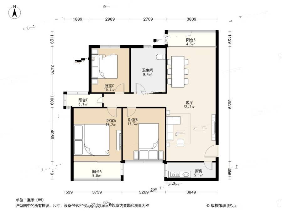 华明家园达园3室1厅1卫122.3㎡户型图