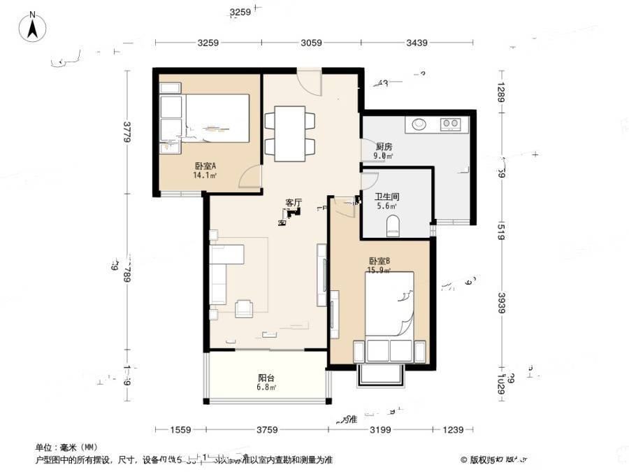 富力津门湖棕榈花园2室1厅1卫102.5㎡户型图