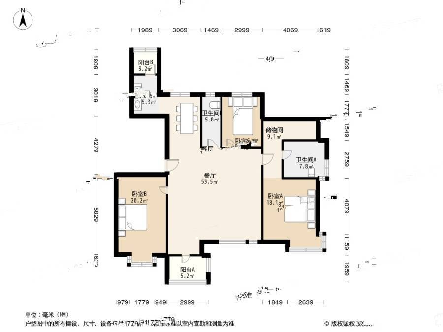 富力津门湖棕榈花园3室1厅2卫208.7㎡户型图