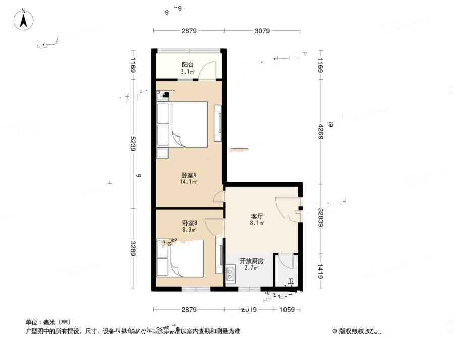 无锡道大楼2室1厅1卫55.4㎡户型图