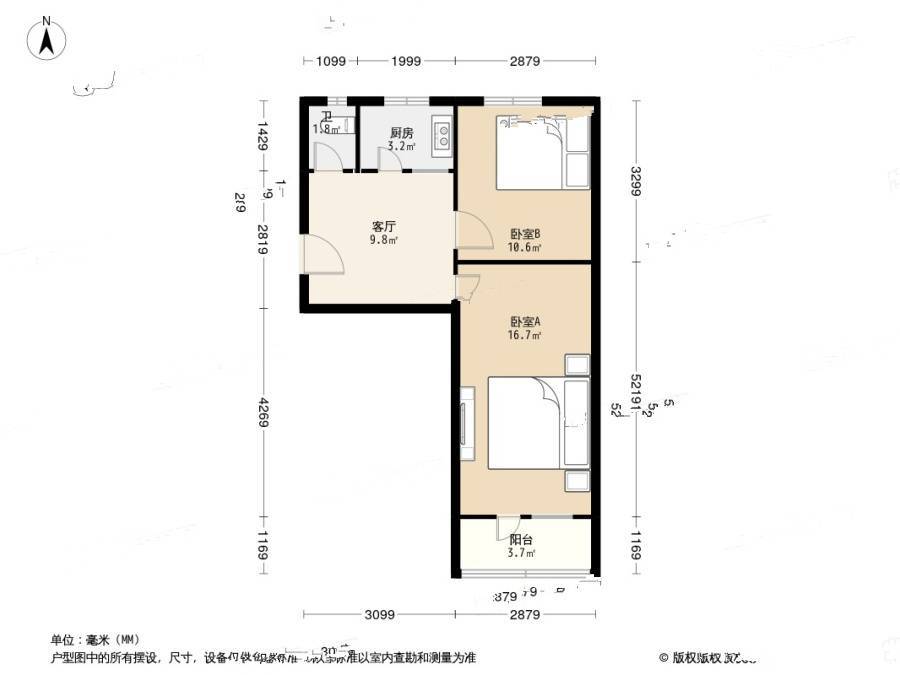 无锡道大楼2室1厅1卫55.8㎡户型图