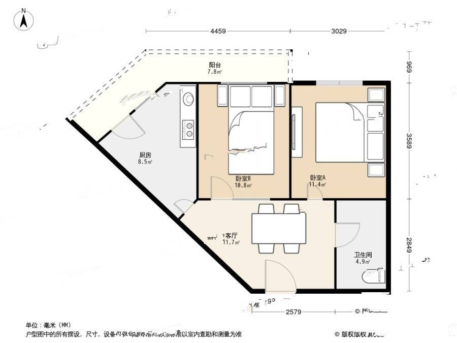 秀峰里2室1厅1卫68.2㎡户型图