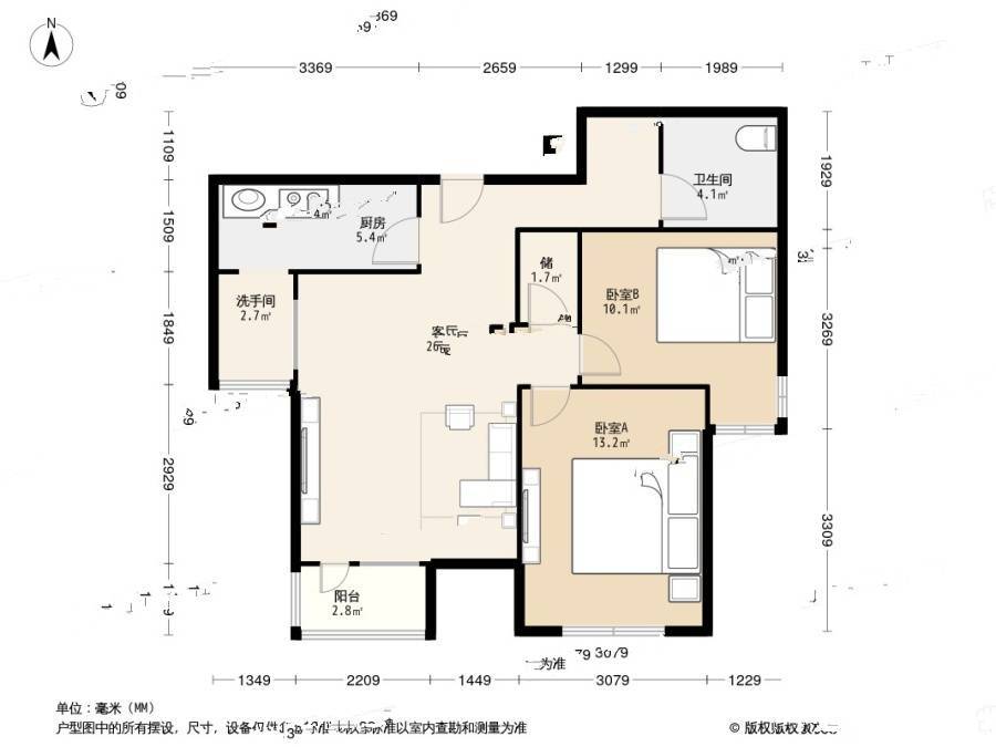 双港新家园新尚园2室1厅1卫90㎡户型图