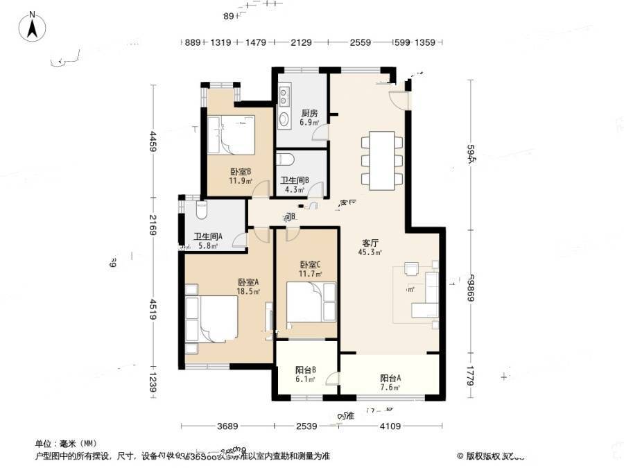 金地格林世界橄榄苑3室1厅2卫136.8㎡户型图