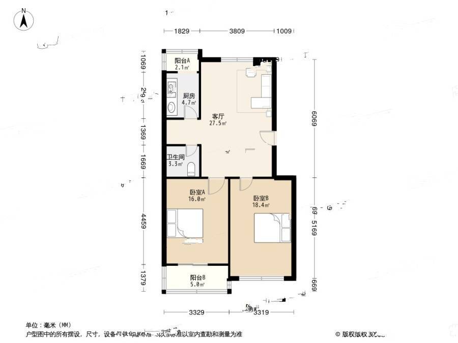 津南红霞里2室1厅1卫88㎡户型图