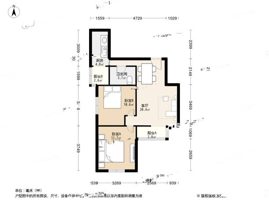 双港新家园欣悦佳园2室1厅1卫76.6㎡户型图