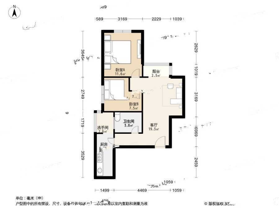 双港新家园欣悦佳园2室1厅1卫76.3㎡户型图