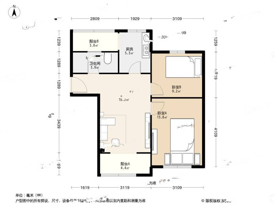 双港新家园民兴园2室1厅1卫74.3㎡户型图