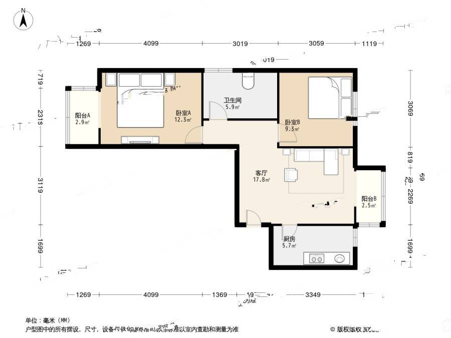 双港新家园民兴园2室1厅1卫81.5㎡户型图