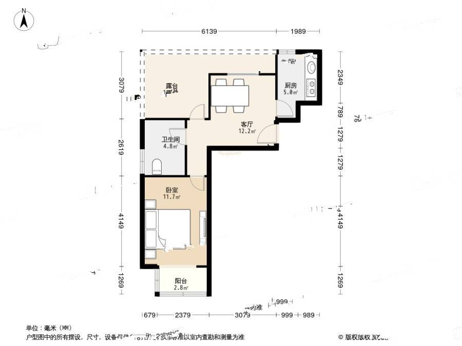 双港新家园民兴园1室1厅1卫59㎡户型图