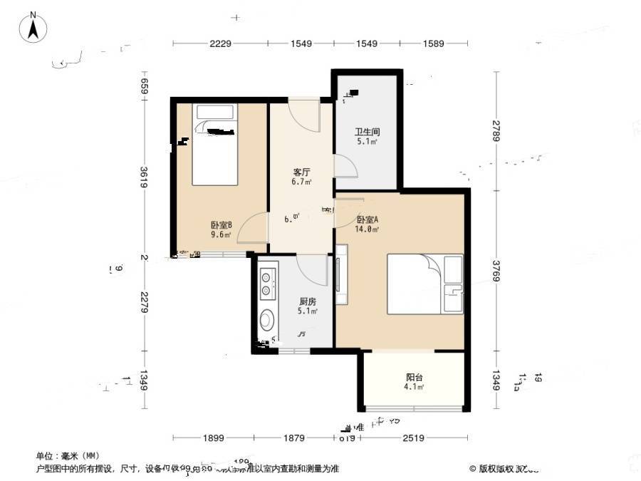 双港新家园民兴园2室1厅1卫55.4㎡户型图