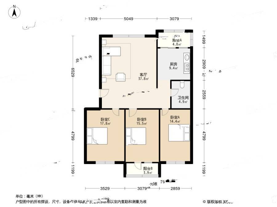 津南同发里3室1厅1卫125.3㎡户型图