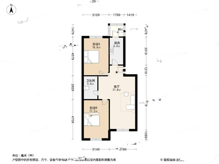 津南东风里2室1厅1卫91㎡户型图