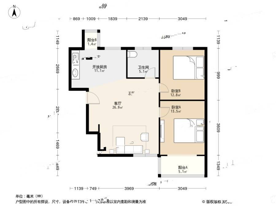 玫瑰庄园公寓2室1厅1卫90.8㎡户型图