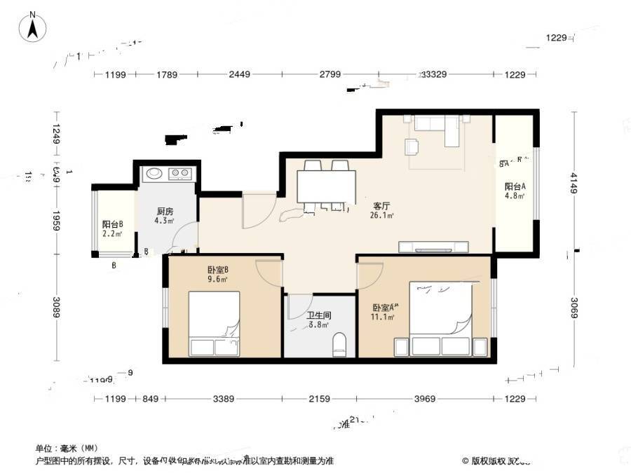 玫瑰庄园公寓2室1厅1卫89.9㎡户型图