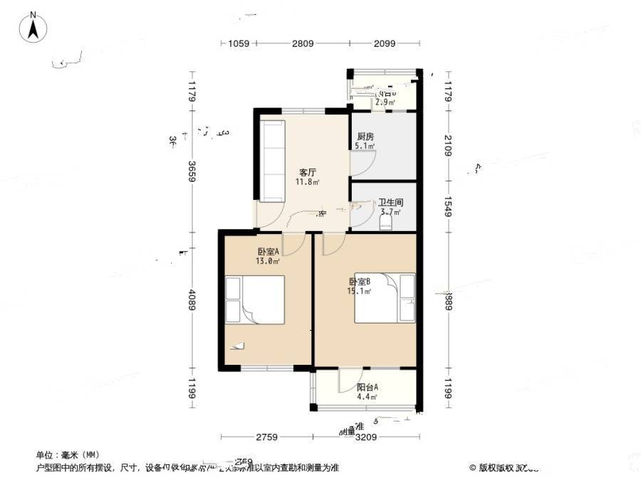 华隆小区2室1厅1卫62.4㎡户型图