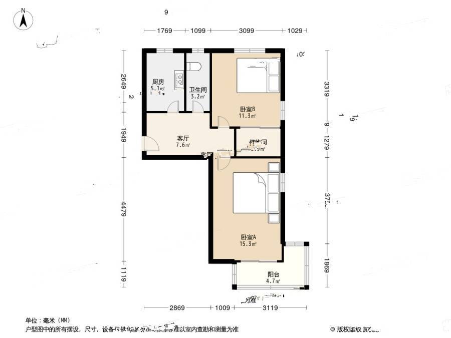 欣欣小区2室1厅1卫58.8㎡户型图