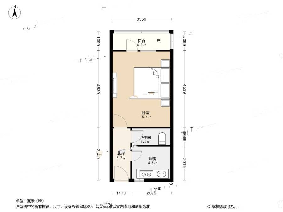 河西区惠阳里1室1厅1卫38.6㎡户型图