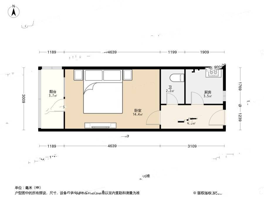 河西区惠阳里1室0厅1卫34.9㎡户型图