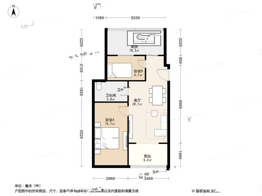 金福兆公寓2室1厅1卫58.4㎡户型图