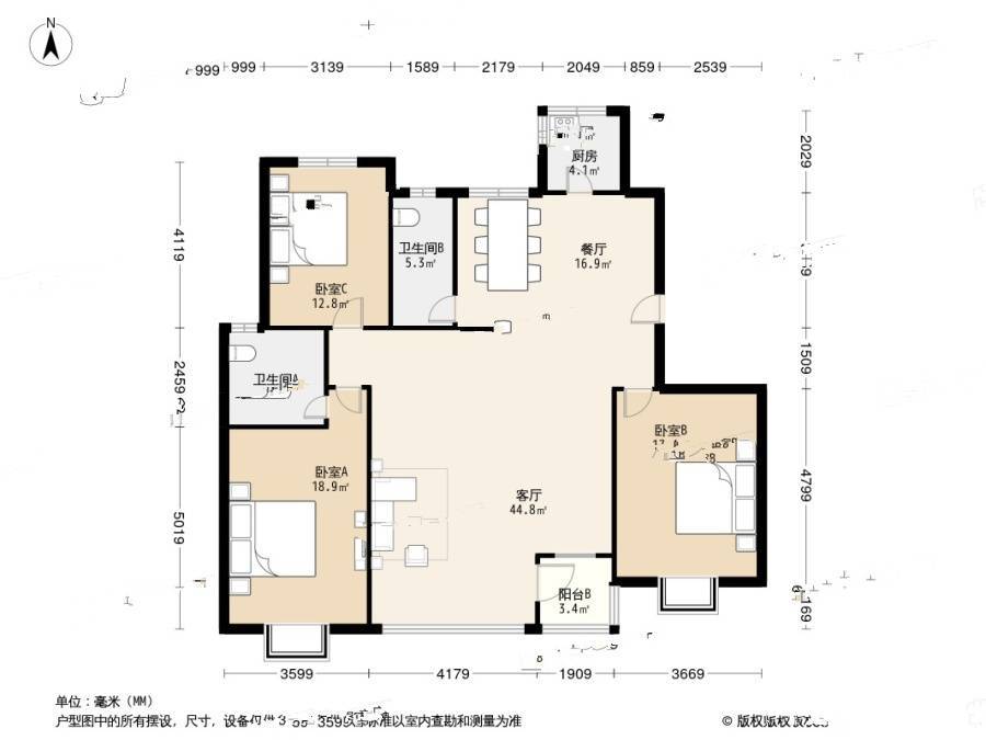 富力津门湖红树花园3室1厅2卫159.6㎡户型图