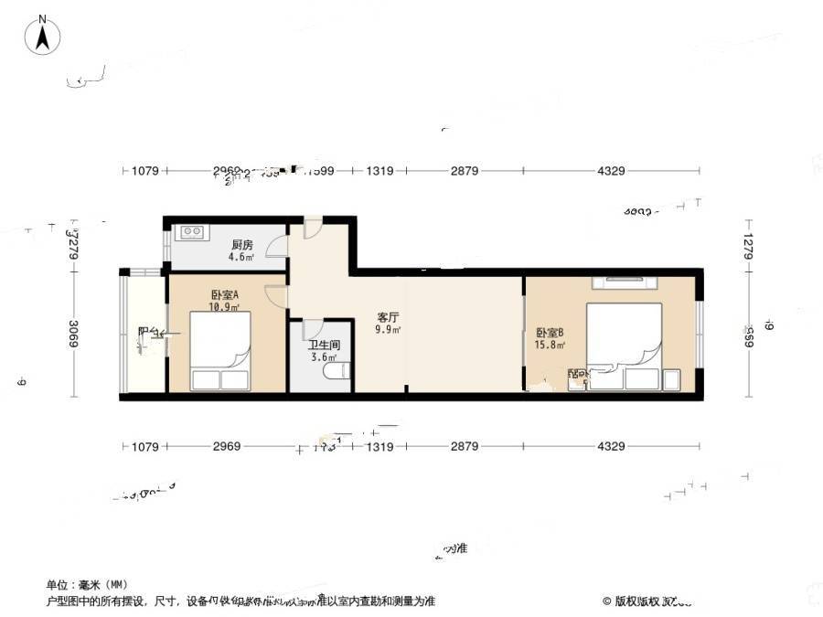 人委北里2室1厅1卫63.9㎡户型图