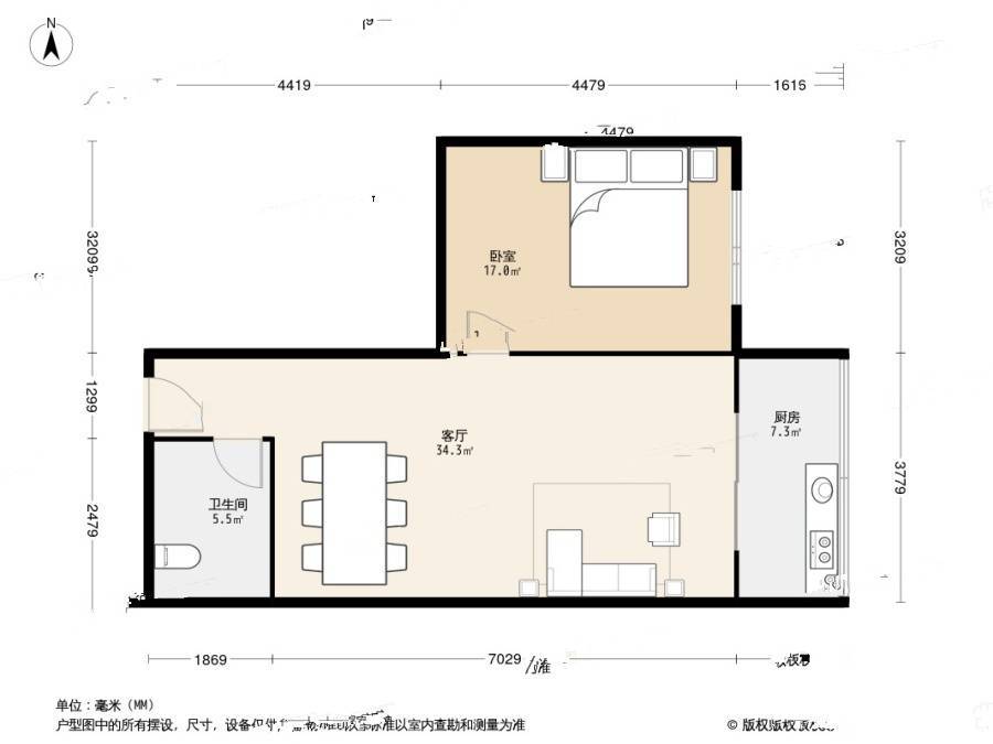 河北区金海花园1室1厅1卫66㎡户型图