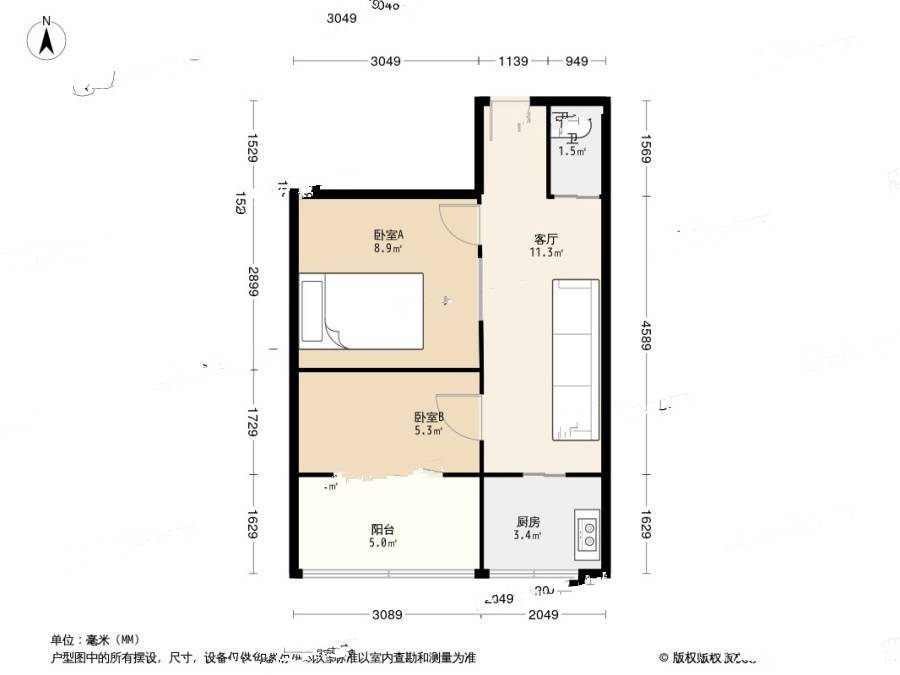 晨光楼2室1厅1卫37.1㎡户型图