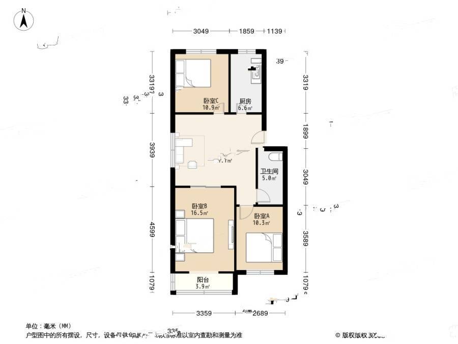 万隆花园小区3室1厅1卫90.4㎡户型图