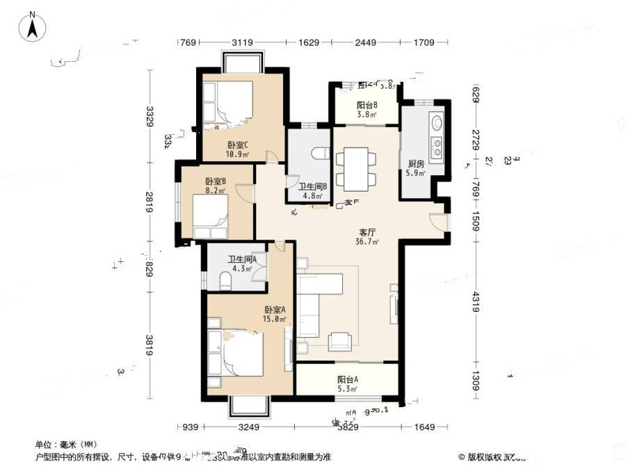 融科金月湾3室1厅2卫129.8㎡户型图