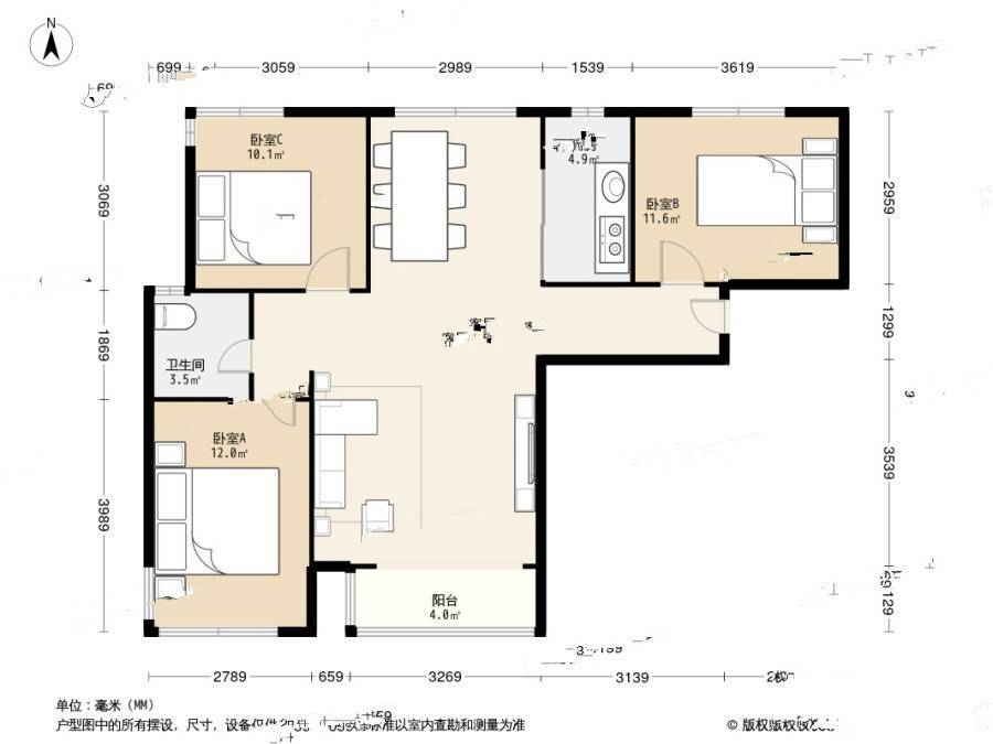 融科金月湾3室1厅1卫99㎡户型图