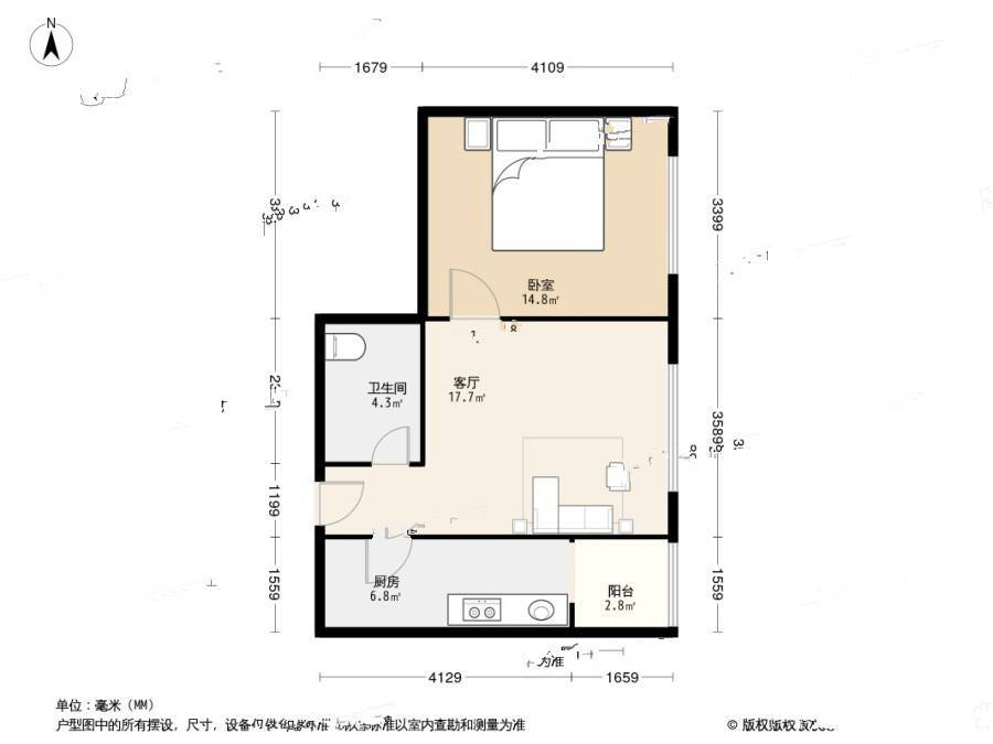 久福园1室1厅1卫72.5㎡户型图