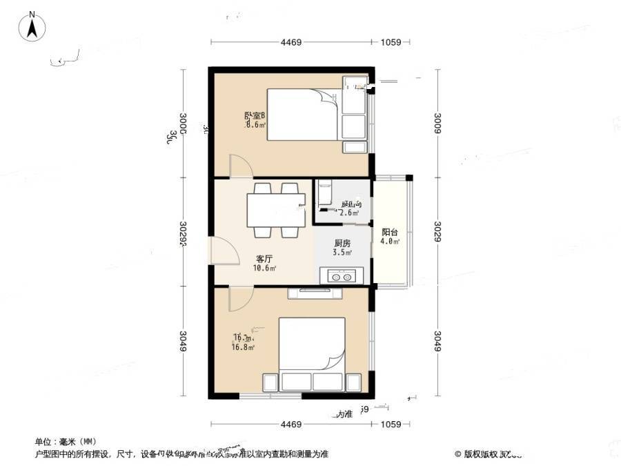 试验楼2室1厅1卫58㎡户型图