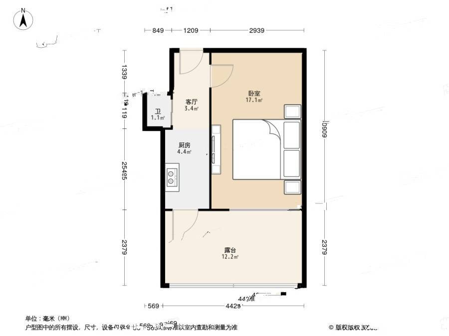 广东山庄路1室1厅1卫35㎡户型图