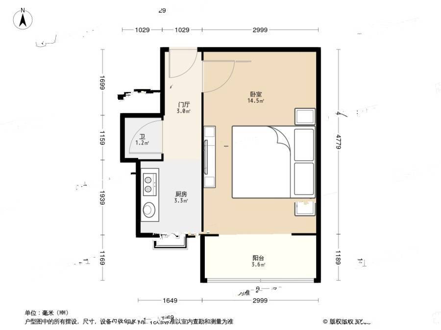 广东山庄路1室0厅1卫34.4㎡户型图