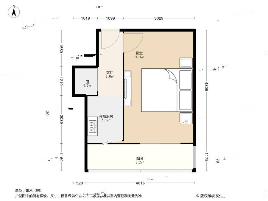 广东山庄路1室1厅1卫34.2㎡户型图