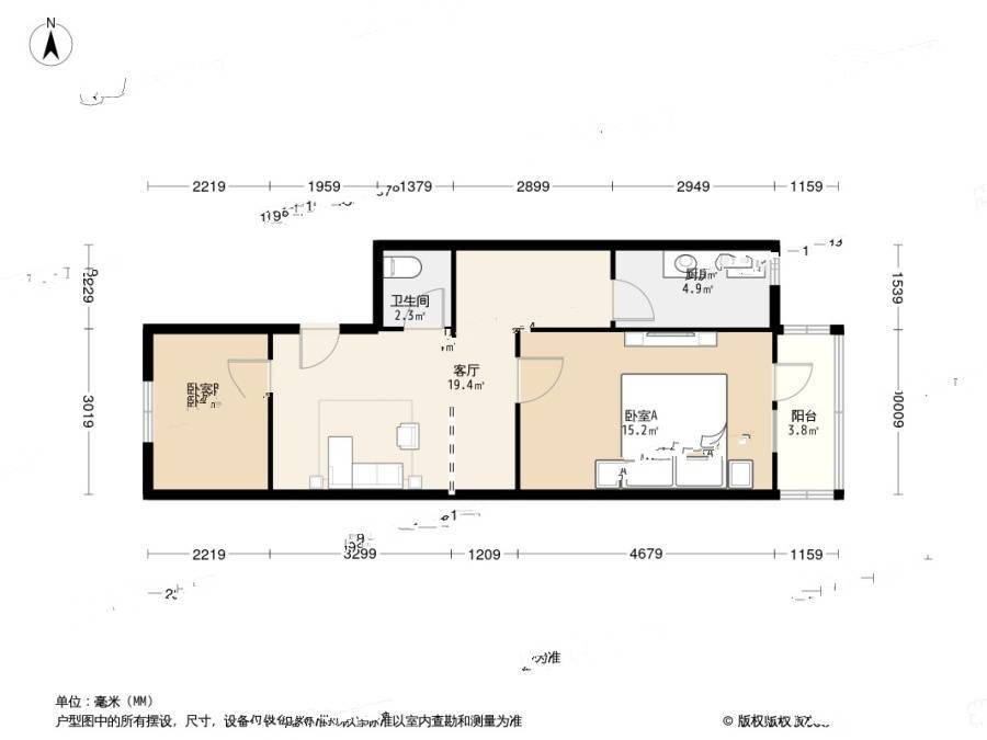 广东山庄路2室1厅1卫62.2㎡户型图