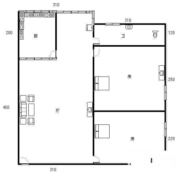 新华路小区2室1厅1卫50㎡户型图