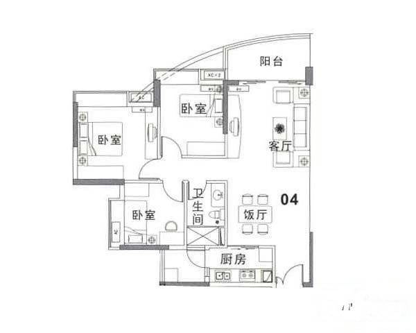 广东工业大学宿舍3室2厅1卫85㎡户型图