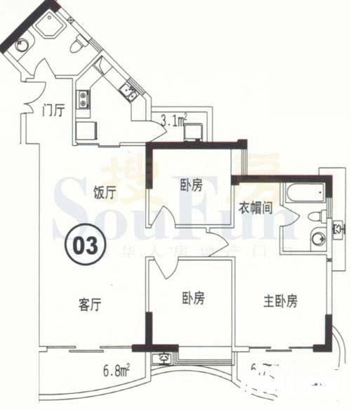 江南花园二期3室2厅2卫127.4㎡户型图