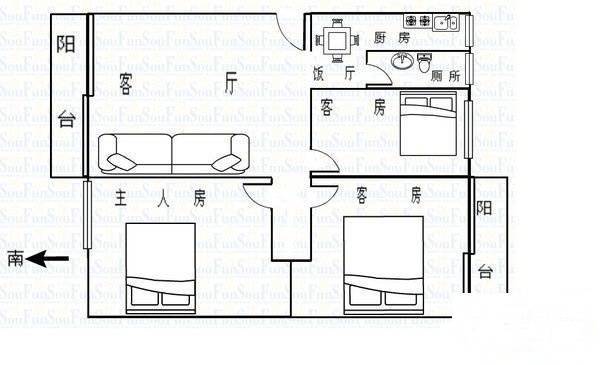 天健广场3室2厅1卫96㎡户型图