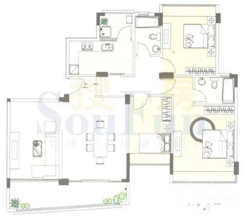 雅居乐雍逸豪廷3室2厅2卫147.6㎡户型图