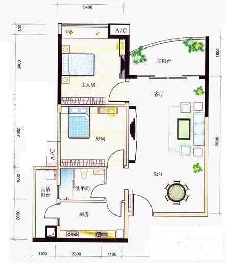 华景新城芳满庭园2室2厅1卫79㎡户型图