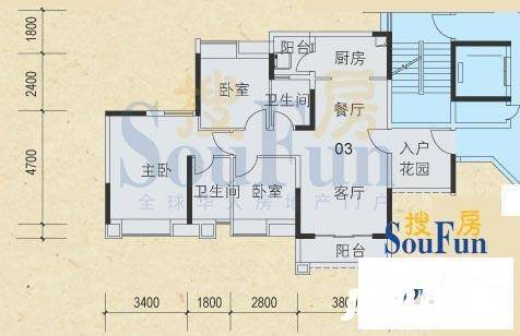 中海金沙馨园3室2厅2卫97.1㎡户型图