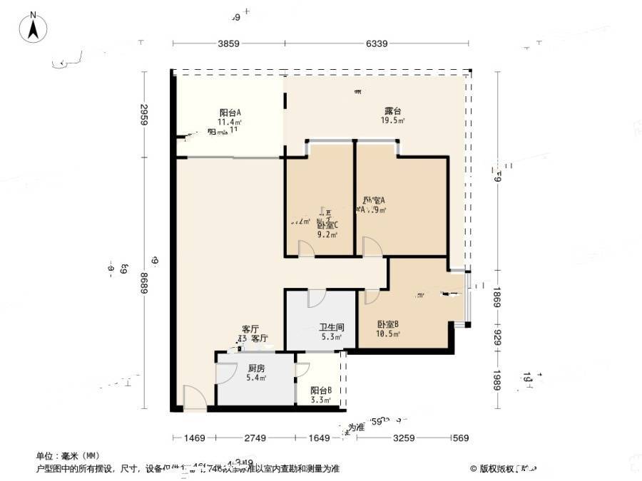 锦绣生态园翠屏苑3室2厅1卫88.1㎡户型图