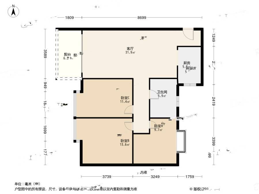 锦绣生态园翠屏苑3室2厅1卫89.9㎡户型图